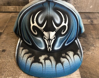 Airbrushed Deer Skull Snapback Hat Hand Painted airbrush