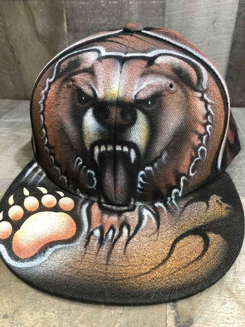 Airbrushed Grizzly Bear SnapBack Hat Hand Painted airbrush