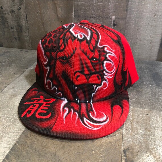 Airbrushed Red Dragon calligraphy edition Snapback Hat Hand | Etsy
