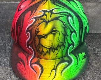 Airbrushed Neon Rasta Lion Snapback Hat Hand Painted Airbrush cap