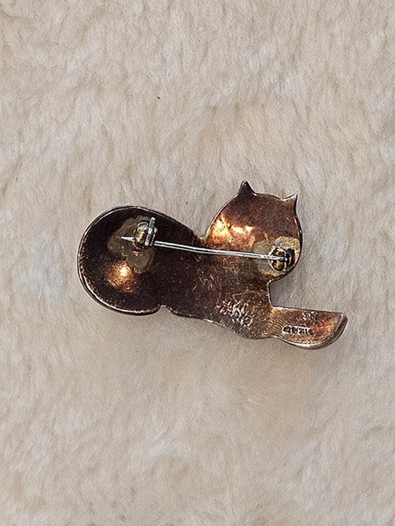 Vintage Sterling Silver Cat Brooch Cat with Bowl … - image 2