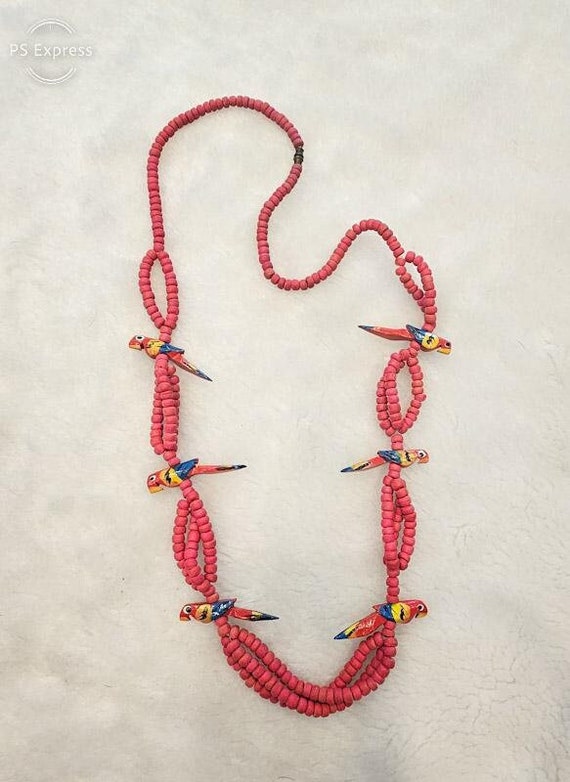 Vintage Wooden Beaded Red Parrot Necklace