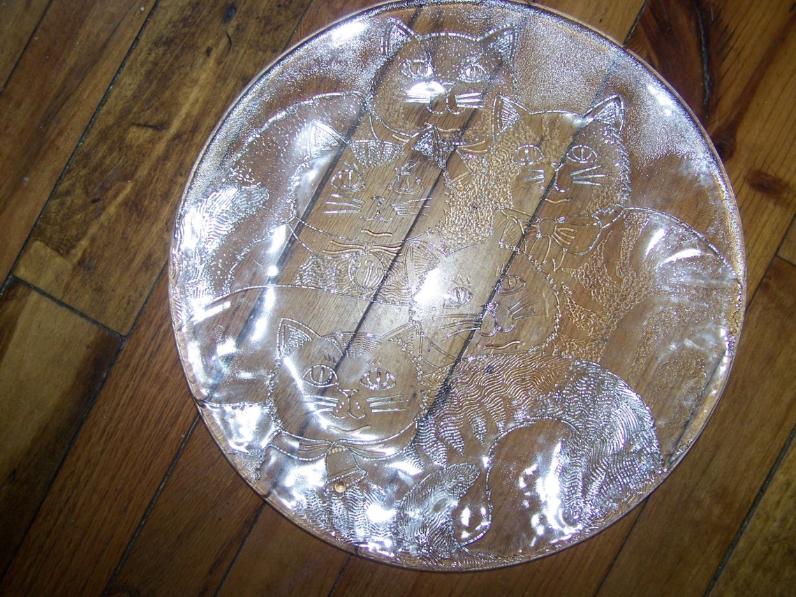 Vintage Clear Etched Glass Cat Kitty Serving Platter Tray Etsy