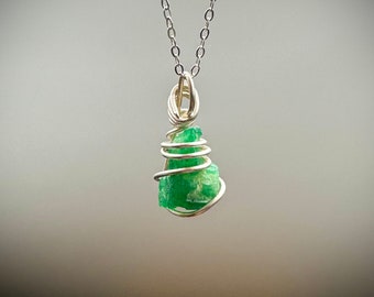 Crystalized Emerald Pendant Necklace, Sterling Silver Wire Wrapped, May Birthstone