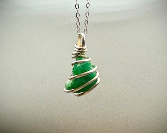 Emerald Crystal Pendant Necklace, Sterling Silver Wire Wrapped Beryl