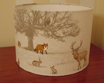 Square Lampshade made with Fryetts Tatton Woodland Animals Countryside Beige