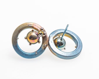 Titanium Circle Studs. Hypoallergenic. Bio compatible. Anodizing and Welding. Unique piece. Handcrafted in Finland