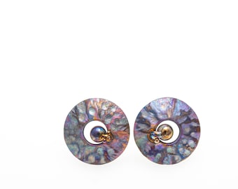 Violet. Titanium Textured Circle Studs. Hypoallergenic. Bio compatible. Anodizing and Welding. Unique piece. Handcrafted in Finland