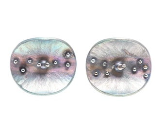 Mother of Pearl. Titanium Textured Circle Studs. Hypoallergenic. Bio compatible. Anodizing and Welding. Unique piece. Handcrafted in Finland