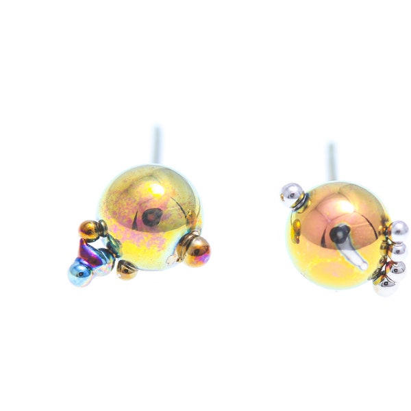 Amber & Gold Creatures. Titanium Ball Studs Earrings. Titanium Posts. 5 mm. Unique piece  Hypoallergenic. Bio compatible. Made In Finland