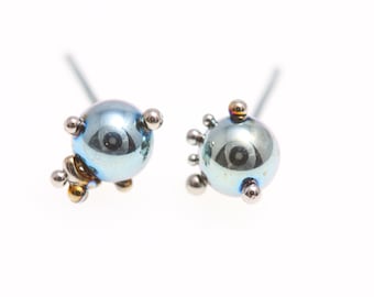 Aqua Blue Creatures. Titanium Ball Studs Earrings. Titanium Posts. 5 mm. Unique piece Hypoallergenic. Bio compatible. Made In Finland