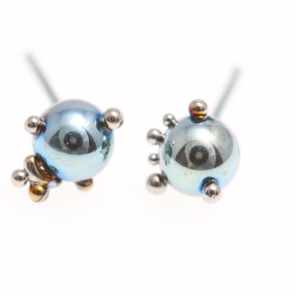 Aqua Blue Creatures. Titanium Ball Studs Earrings. Titanium Posts. 5 mm. Unique piece Hypoallergenic. Bio compatible. Made In Finland