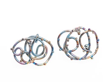 Loops. Pure Titanium Earrings. Art Welding. Anodizing. Unique Art Piece. Unusual Design. Handcrafted in Finland