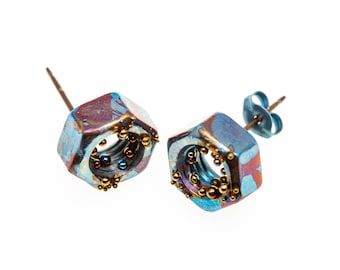 Titanium Nut Earring - Titanium Stud Earrings - Industrial Studs - Art Welding & Anodizing - Handcrafted in Finland