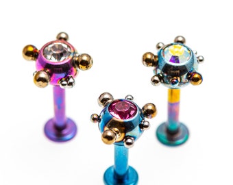 Titanium Crystal Labret Barbell 14G - Nose Lip Ear Labret Bar - Thread Head Post - Shaft Barbells - Hypoallergenic Jewelry - Made in Finland