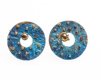 Blue and Gold Variation. Titanium Stud Earrings. Hypoallergenic. Circle Earrings. Unusual Jewelry. Alien's Design. Made in Finland