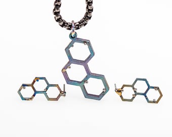 Hexagonal Molecules. Jewellery set.  Titanium Geometrical Studs and Pendant. Hypoallergenic. Handcrafted in Finland