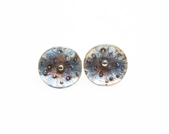 Mother of Pearl. Titanium Textured Circle Studs. Hypoallergenic. Bio compatible. Anodizing and Welding. Unique piece. Handcrafted in Finland