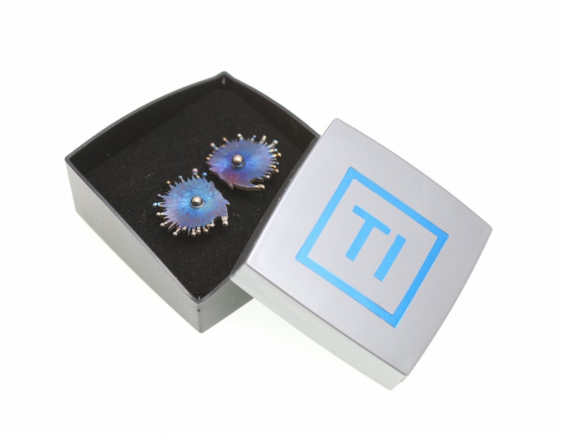 K&ouml;nnte beinhalten: Ein Paar blaue und violette Titan-Ohrringe mit einem Sternburst-Design, in einer silbernen Box mit dem Buchstaben "TI" in Blau.