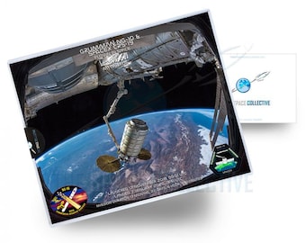 May include: A photograph of the Earth from space, showing the International Space Station (ISS) with a docked spacecraft. The spacecraft is a Northrop Grumman Cygnus NG-10 and a SpaceX Dragon CRS-19. The text on the image reads: "GRUMMAN NG-10 & SPACEX CRS-19 FLOWN IN SPACE MISSION PATCH" and "LAUNCHED 17 NOVEMBER 2018, 09:01 UTC LANDED 3 JANUARY 2020, 08:16 UTC MISSION DURATION 13 MONTHS, 22 DAYS, 6 HOURS, 14 MINUTES".