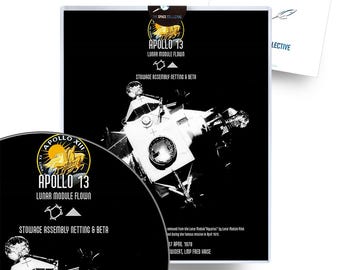 May include: A black and white image of the Apollo 13 lunar module, with the text "Apollo 13 Lunar Module Flown" and "Stowage Assembly Netting & Beta" printed below the image. The text "The Space Collective" is printed in the top right corner of the image.