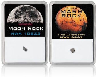 May include: Two small, gray, rock samples are displayed in clear plastic cases. The case on the left features a black and white image of the moon and the text "AUTHENTIC MOON ROCK NWA 10823". The case on the right features a red and orange image of Mars and the text "GENUINE MARS ROCK MARTIAN METEORITE NWA 6963".
