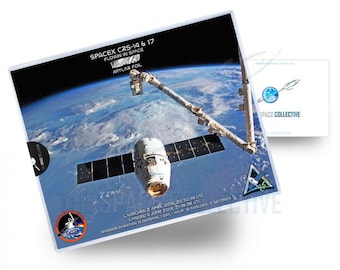May include: A close-up of a SpaceX Dragon spacecraft docked to the International Space Station. The spacecraft is a silver color with a black and white logo. The image is labeled "SpaceX CRS-14 & 17 Flown in Space Mylar Foil" and "Launched 2 April 2018, 20:30:38 UTC Landed 4 June 2019, 21:48:28 UTC Mission Duration 14 Months, 1 Day, 1 Hour, 18 Minutes, 0 Seconds".