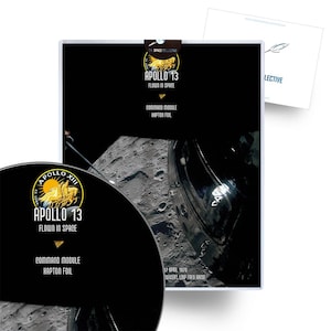 Può includere: Un'immagine in bianco e nero del modulo di comando Apollo 13, con il testo "Apollo 13 Flown in Space Command Module Kapton Foil" stampato sull'immagine. L'immagine è un primo piano dell'esterno del modulo, che mostra i dettagli del design del veicolo spaziale.
