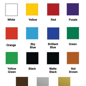 May include: A chart showing vinyl color options for a product. The colors include white, yellow, red, purple, orange, sky blue, brilliant blue, green, yellow green, black, matte black, nut brown, brown, metallic silver grey, and metallic gold.