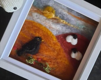 Sheep Felt picture -Original  Framed 19x19cm Needle felted- Blackbird Wool-Anniversary- Autumn landscape Farm animal - wall art-Love Gift