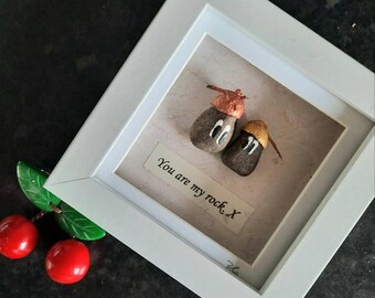 Pebble Art Picture-You are my Rock -Framed art-Rock art-Love-Thank you-Gift-Handmade Present-Painted pebbles-Acorn hats-