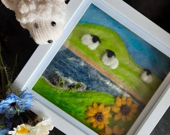 Needle Felted Sheep Picture-Original-needle felt- Framed Wool Art-Our Flock -Sunflowers-Landscape-Felt -Wall art-love Gift- Farmhouse-Family