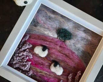 Needle felted Sheep Picture- Framed Original Needle Felt- Fibre Wool Art- Heather Landscape- Gift-Love- Family- 7th Wool Anniversary Present