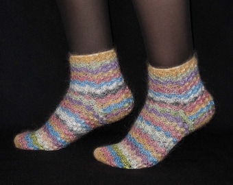 Knee Wool Socks for Women in Gray and White with Squirrel Pattern Made in Russia