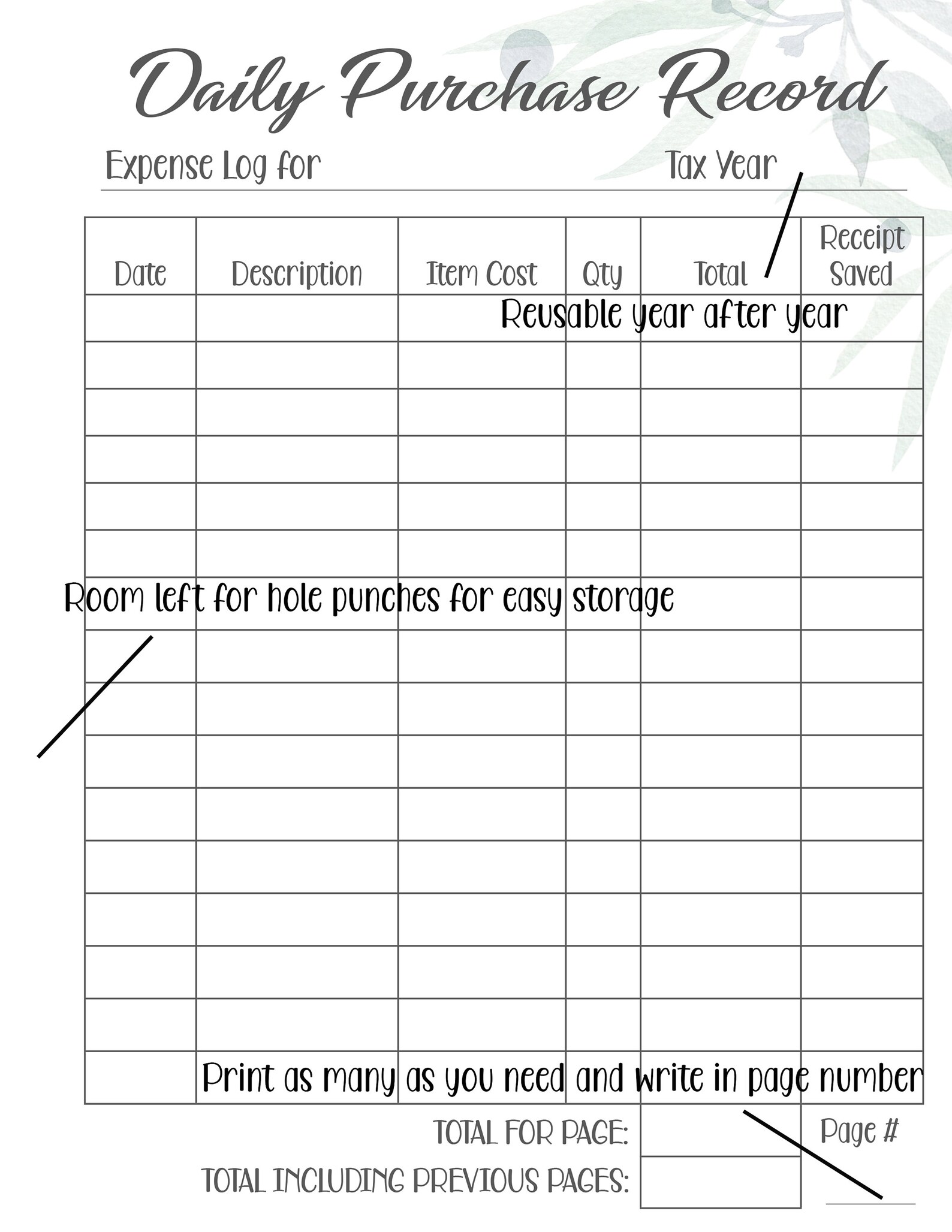 Daily Purchase Record Printable Tax Prep Small Business Etsy