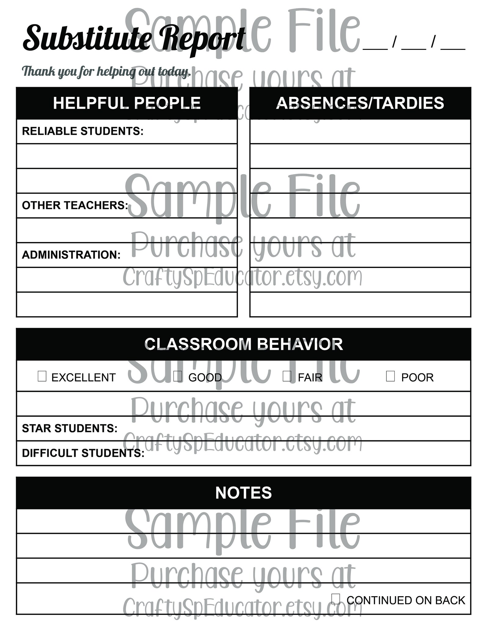 Substitute Teacher Report Notepad Printable Teacher Tools Etsy España