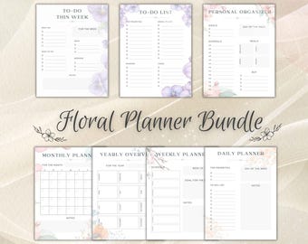Floral Printable Planner Bundle, Year Printable Planner, Personal Planner, Monthly Planner, Planner inserts, Daily Planner, Digital schedule