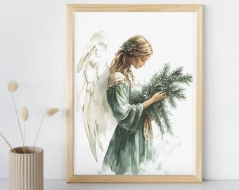 Printable Christmas Angel Wall Art Water Color Style, Christmas home decor,Holiday Xmas poster,Christmas digital art,Winter home improvement