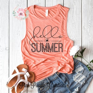 Hello Summer Muscle Tank Top for Women - Loose Fitting Comfy Sleeveless Shirt for Warm Weather