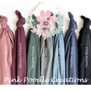 May include: Seven different color t-shirts displayed on a white background. The colors are Heather Mauve, Maroon Triblend, Heather Forest, Heather Deep, Heather Slate, Heather Navy, and Heather Black. The text "Pink Poodle Creations" is printed at the bottom of the image.