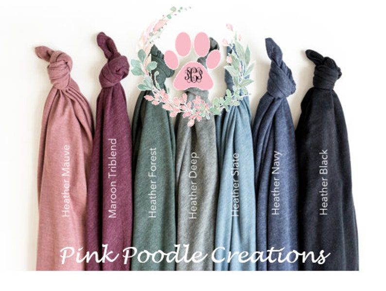 May include: Seven different color t-shirts displayed on a white background. The colors are Heather Mauve, Maroon Triblend, Heather Forest, Heather Deep, Heather Slate, Heather Navy, and Heather Black. The text "Pink Poodle Creations" is printed at the bottom of the image.