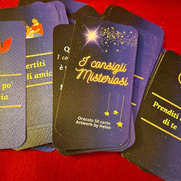 I CONSIGLI MISTERIOSI,   50 carte per divinazione, creazione artigianale by Helen, confezione sacchetto in organza e manuale in it.