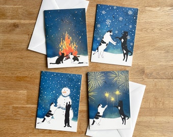 Cat Christmas Cards - SET OF 4 | Cute Cat Card | Watercolor Holiday Postcards with Envelope | Snowman - Bonfire - Sparkles - Snowdance