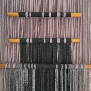 macrame wall hanging with colored wooden dowels textile wall art black & gray wall decor contemporary fiber art natural materials image 4