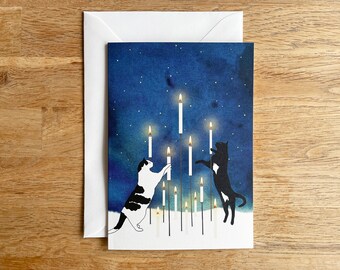 Cat Christmas Card - Candles | Cute Cat Cards | Cats Xmas Card | Postcard with Envelope | Watercolor Holiday Card | Kitty Christmas Card