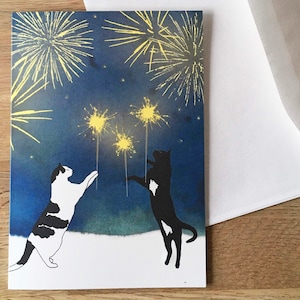 Cat Happy New Year Card - Sparklers | New Year&#39;s Greeting Card | Postcard with Envelope | Cute Cat Cards | Watercolor Holiday Card