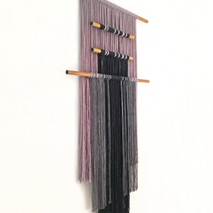 macrame wall hanging with colored wooden dowels textile wall art black & gray wall decor contemporary fiber art natural materials image 6