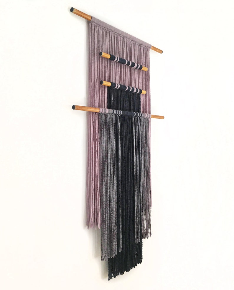 macrame wall hanging with colored wooden dowels textile wall art black & gray wall decor contemporary fiber art natural materials image 6