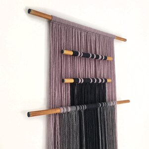 macrame wall hanging with colored wooden dowels textile wall art black & gray wall decor contemporary fiber art natural materials image 3