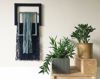 textile wall hanging | yarn wrapped picture frames | geometric tapestry | colorful fiber art | blue home decor | contemporary | wall art